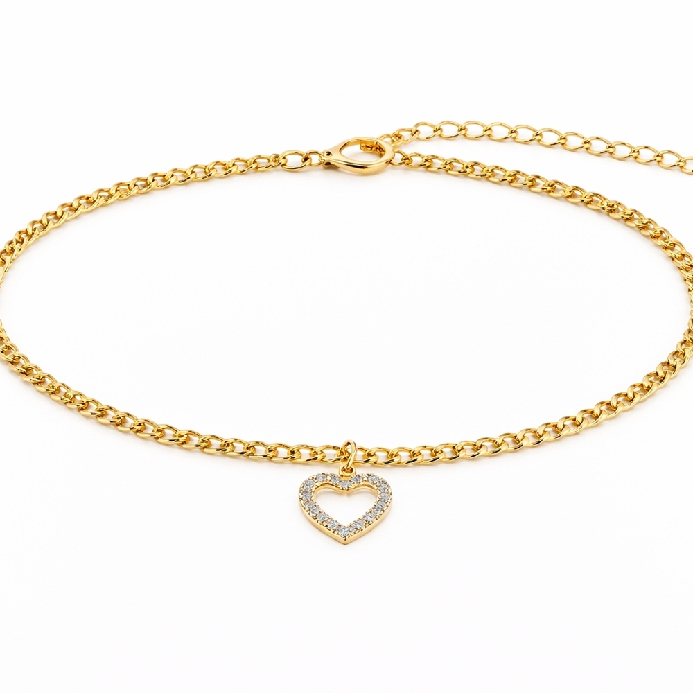 Gold Heart Charm Anklet | 9.5" + 2.5" Extender | DainGold Heart Pendant Necklace